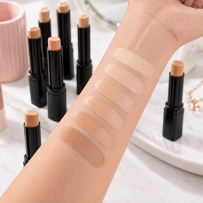 Muestras de seis tonos de corrector en antebrazo